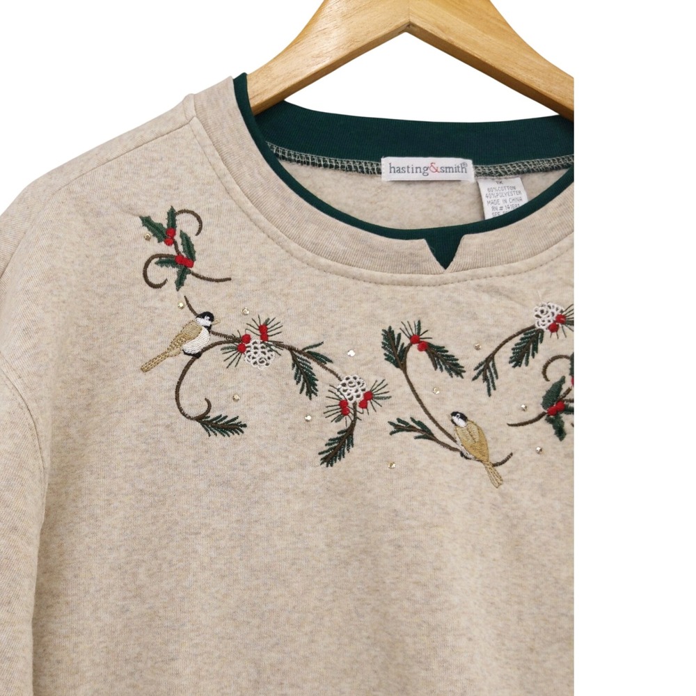 Hasting & Smith Sweatshirt Embroidered Winter Birds Sequin Cozy Womens 1X Beige